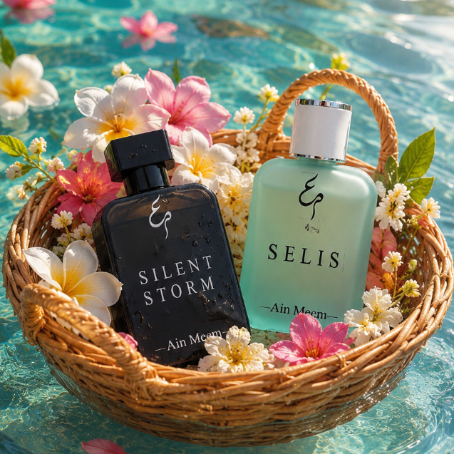 Two perfume bottles from the brand Selis, labeled 'Silent Storm' and 'Selis', displayed in a woven wicker basket filled with white and pink flowers, set against a background of clear turquoise water.